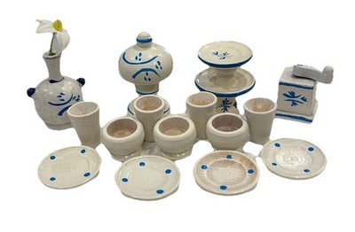 15 Pc Dora Khun Dollhouse Blue & White Plates Cups Bowl Lamp Coffee Grinder case