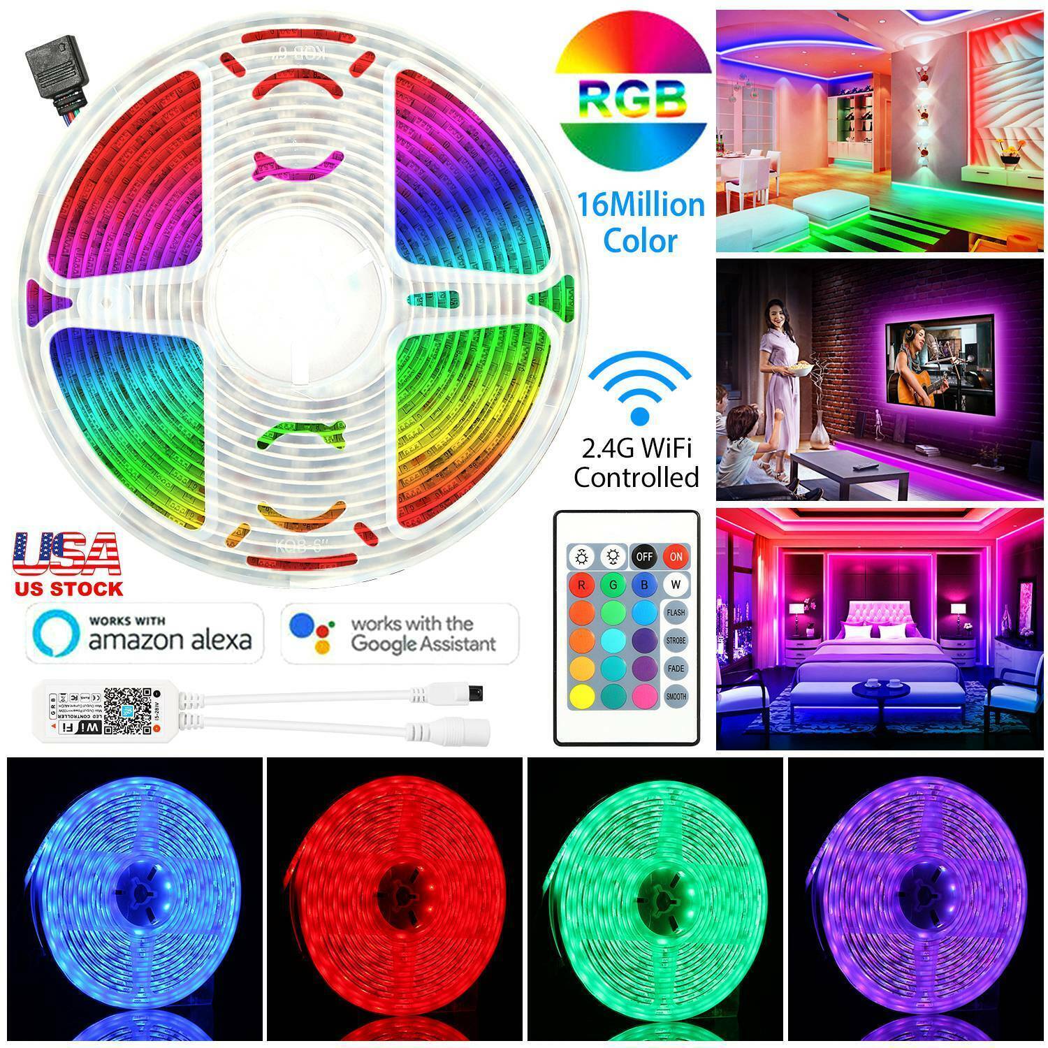 LED Strip Lights 17ft for 3528 SMD RGB with 44Key Remote Party Decor Waterproof-image