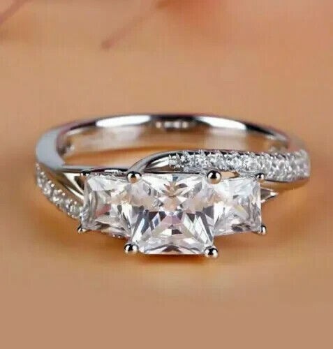 2.30Ct Princess Cut Simulated Three Stone Wedding Ring In 14K White Gold Plated - Picture 5 of 5