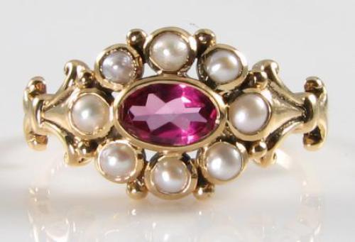 9K 9CT GOLD PINK TOURMALINE PEARL ART DECO INS CLUSTER BEZEL SET RING SIZE O - Picture 1 of 5