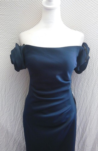 NWT XSCAPE Navy ROSETTE Off The Shoulder RUCHED Scuba EVENING Dress GOWN 8 - Picture 6 of 13