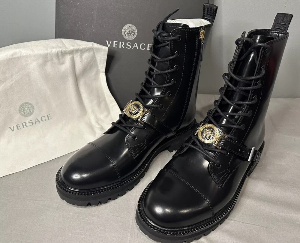Versace Combat Boots Brushed Leather Black Men’s Size 44 (US 11) Authentic