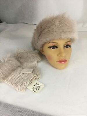Curations Faux Fur Headband and Knit Gloves  Set. Natural Beige, w HSN Tag, New