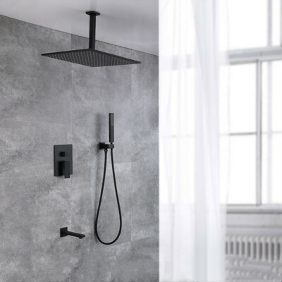 Black Matte Bathroom 16'' Square Shower Head Wall Mount Solid Brass Valve Set