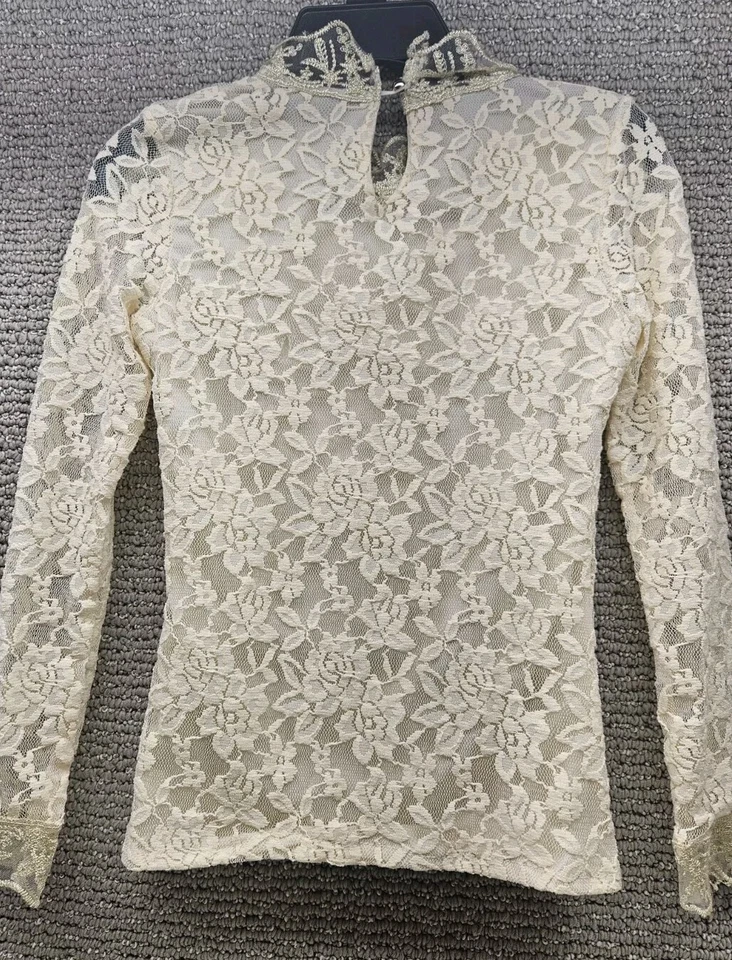 Camisa Top Dama Encaje Transparente Para Mujer XS Cuello Alto Blusa Floral Hueca Fiesta Foto 4 de 4