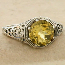 ART DECO STYLE GENUINE CITRINE 925 STERLING SILVER SOLITAIRE FILIGREE RING  845X