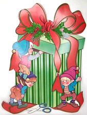 Vintage 1980s Peck Santa's Elves Velvet Flocked Christmas Die-Cut Made In USA