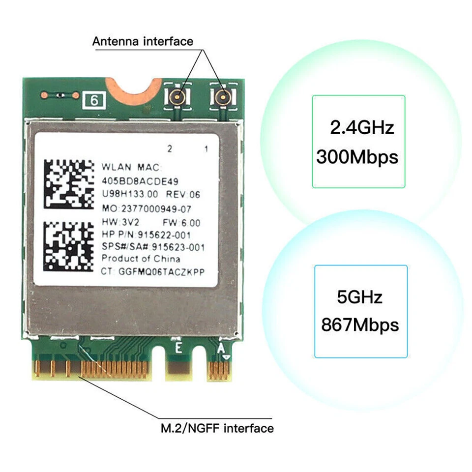 Tarjeta inalámbrica HP 915622-001 Realtek RTL8822BE WiFi 802.11 Bluetooth 4.2 M.2 NGFF Foto 4 de 4