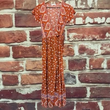 R Vivimos Wrap Dress Womens Small Rust Orange Brown Boho Floral Abstract Midi
