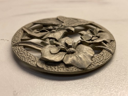 Vintage Pewter Potpourri Candle Jar Lid only 2 3/8" dia Butterfly Flowers - Picture 7 of 7