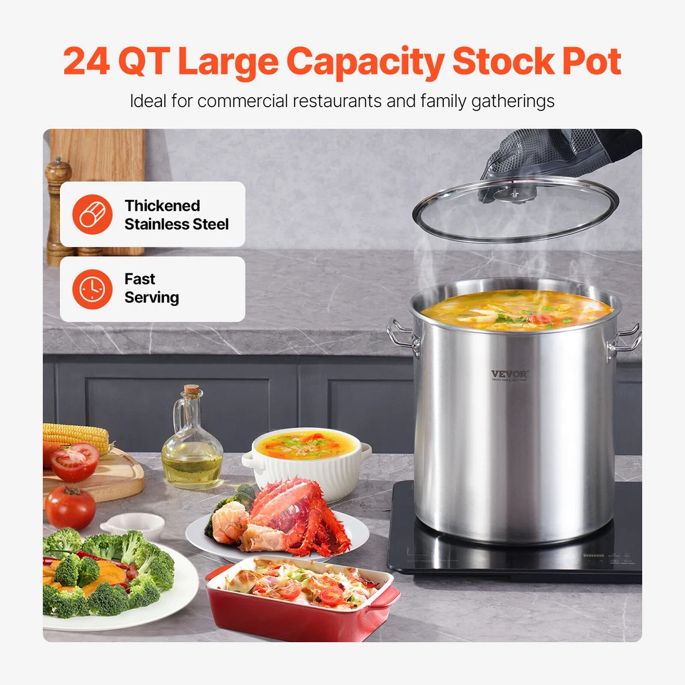 VEVOR Pentola in Acciaio Inox 22,7L per Cotture e Salse con Coperchio e Manico - Immagine 2 di 4