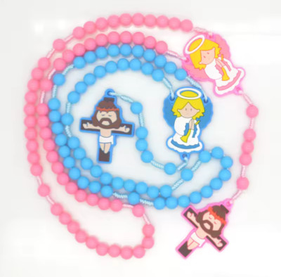 New Girl's Pink AND Boy's Blue Guardian Angel Center Rosary Set Baptism Gift