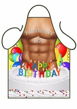 ICONIC MEN'S SEXY NOVELTY APRON, HAPPY BIRTHDAY BOY IN CAKE, ADULT,AS BBQ APRON,