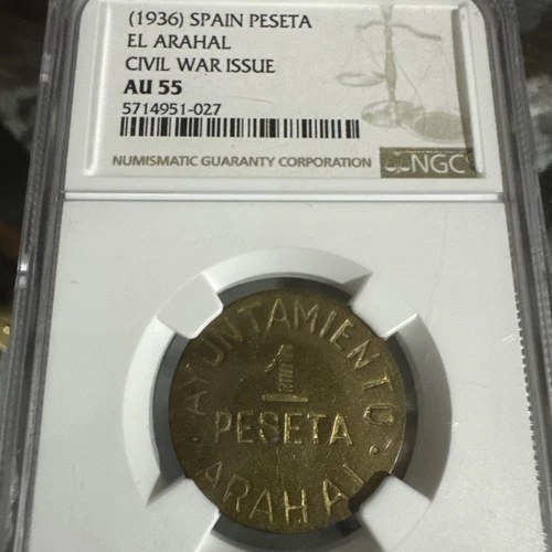 Spanish Civil War Issue 1936 Spain Peseta El Arahal NGC AU-55