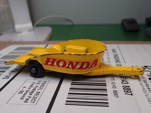 Vintage Lesney Matchbox # No. 38 Honda Motorcycle Trailer Yellow England