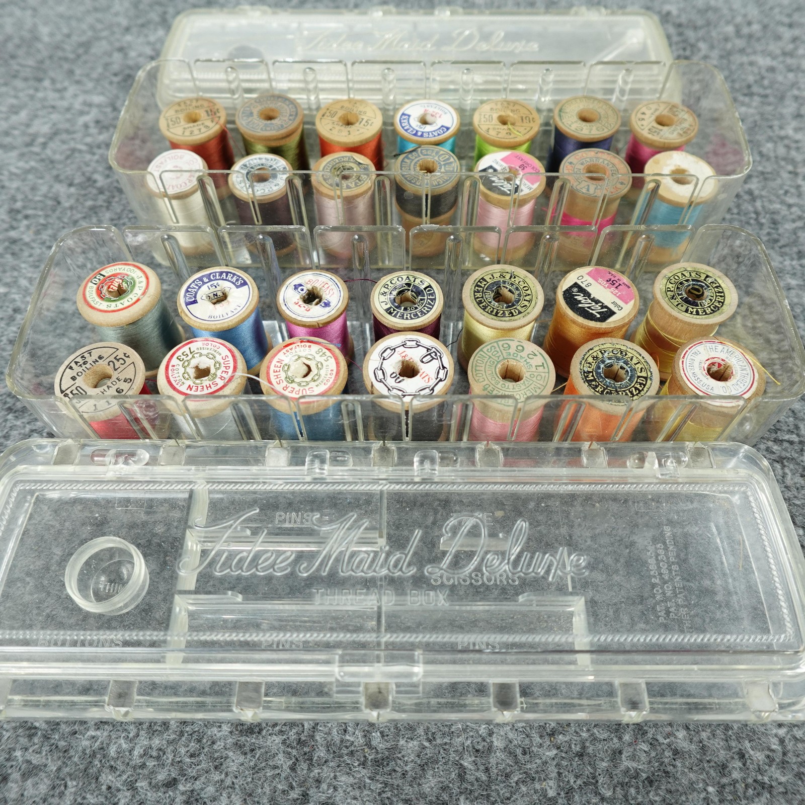 Vintage Tidee Maid Deluxe Thread Box Sewing Organizer Lot of 2 w/ Wooden Spools