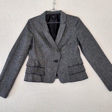 Ann Taylor Loft Black Gray Wool Blend Tweed Ruffle Hem Blazer Women's Size 4P