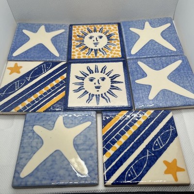 8 Portugal Tile Trivet Sun Sea Star Fish Blue White Yellow Hand Painted 3  by 3 