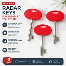 3 Pack RADAR Keys for Disabled Toilets UK Braille Steel NKS Easy Turn Lock Key