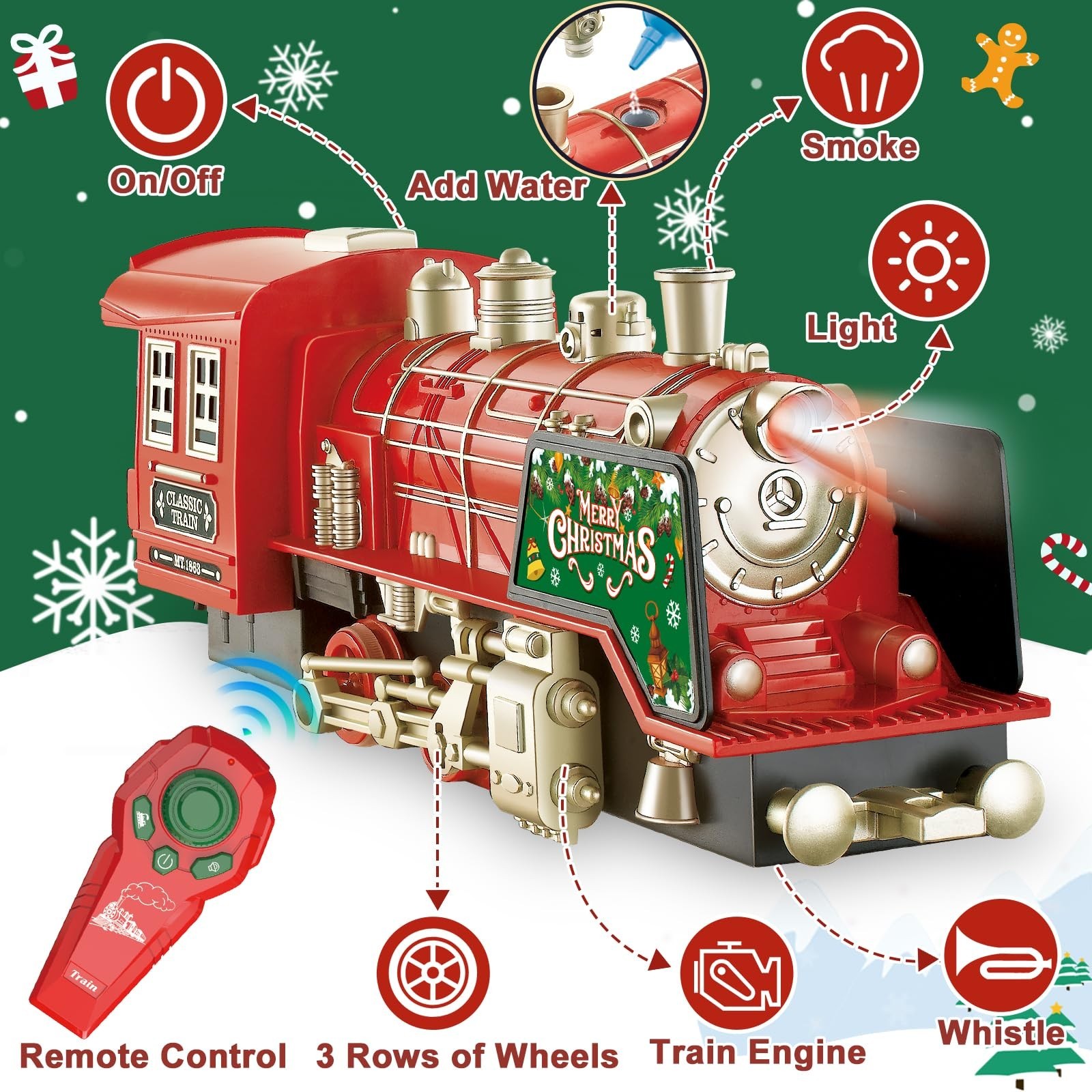 Christmas Train Set - Updated Remote Control Christmas Train Toys w/Smoke, So...