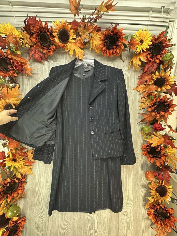 Dress Suit Set | Jacket & Dress Size 10P - Women’s 2PC Career Navy Pin Striped - Image 3 of 4