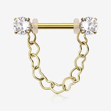 A Pair of Sparkle Chained Hollow Heart Internally Threaded Nipple Barbell 14ga