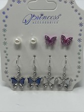NWT 4 Pairs Of Silver Tone Dangle Stud Butterfly Rhinestone Earrings