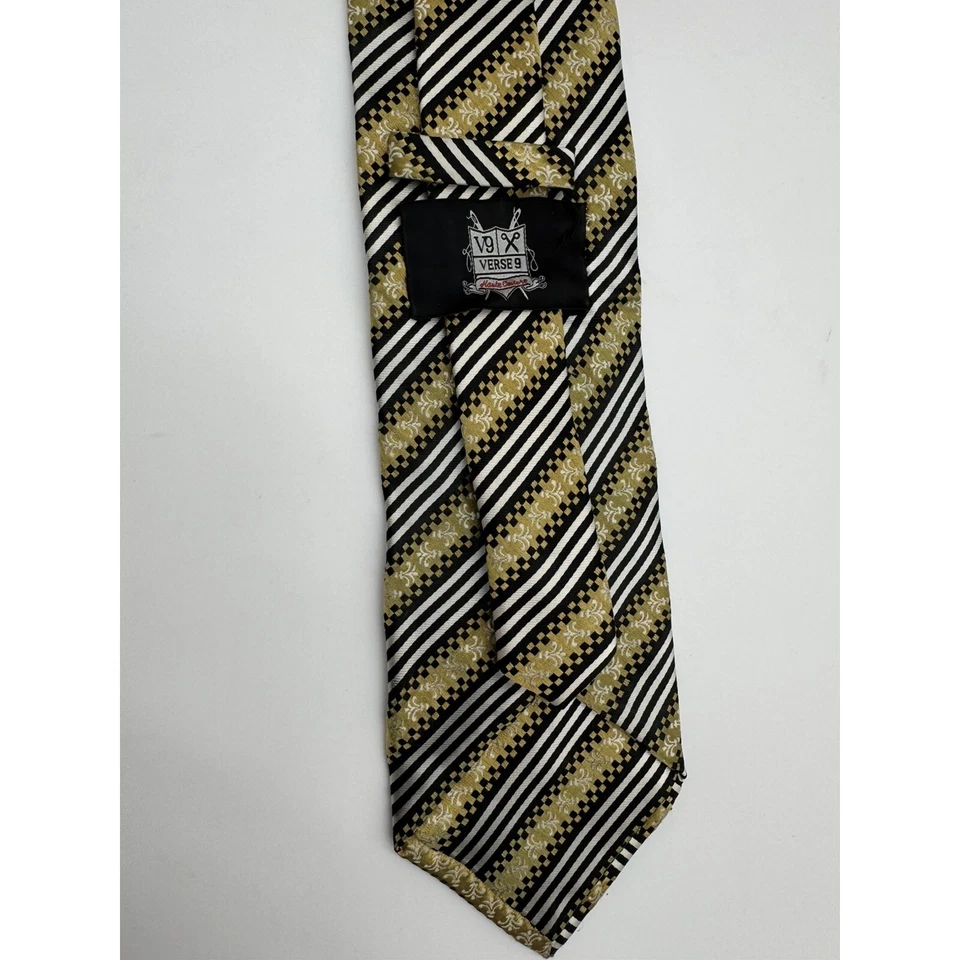Verse 9 男式领带黑色金色条纹图案商务休闲 — 第 3/4 张图片