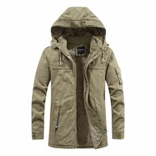 Men  s Washed Cotton Fleece Parka Jacket Thick Warm Winter Coat Windproof Hood