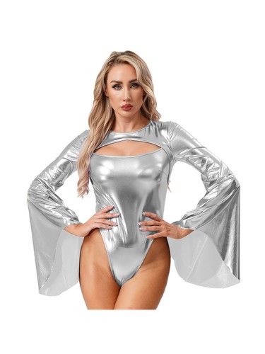 Womens Costume PU Bodysuit Masquerade Outfits Ladies Jumpsuit Hollow Out Shiny - Picture 33 of 72