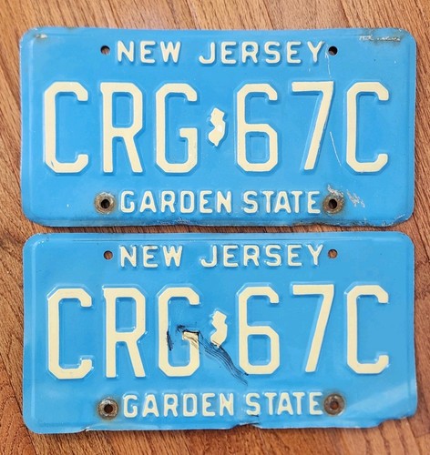 Vintage New Jersey 1980s Buff Blue License Plate Pair Set CRG 67C
