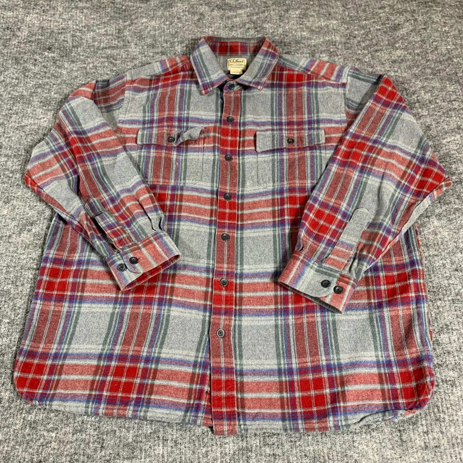 LL Bean Shirt Mens XL Gray Red Plaid Flannel Long Sleeve Button Down Traditional