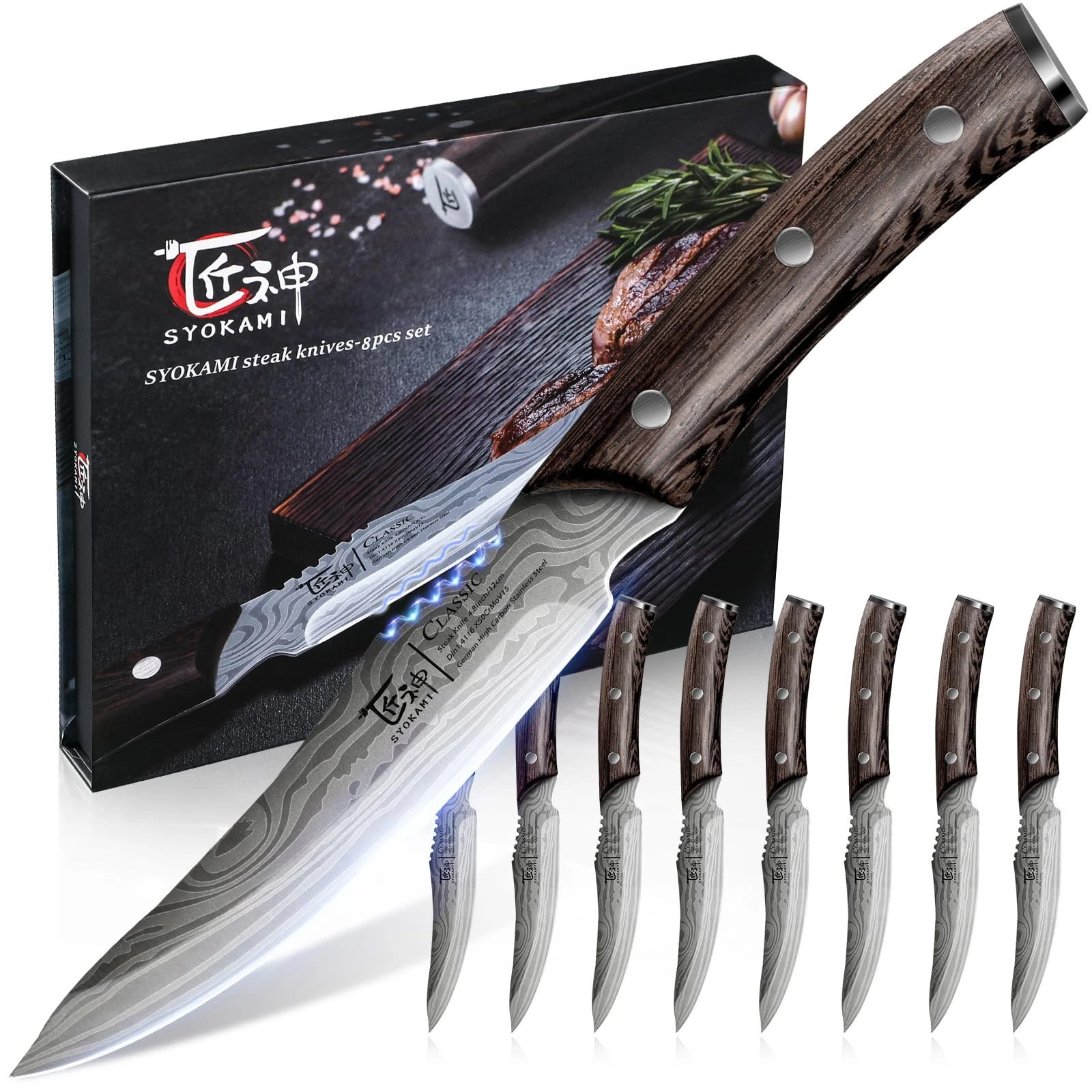 SYOKAMI Steak Knives Set of 8, 4.8 Inch High-Carbon Japanese Stainless Steel
Opens in a new window o