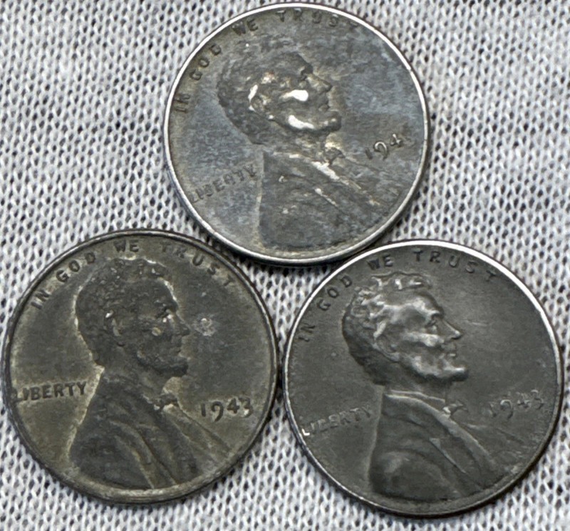 #3K: (New Low $) Set of 3 1943 Rare Steel Lincoln Wheat Cent~You Grade~Bid Now