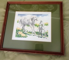 Vintage Horse Needlepoint Framed  Matte Mare  Foal Cross Stitch 1984 Handmade