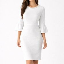 NY Collection White Dress Pearl Neck Ruffle Sleeve Women’s L NWT