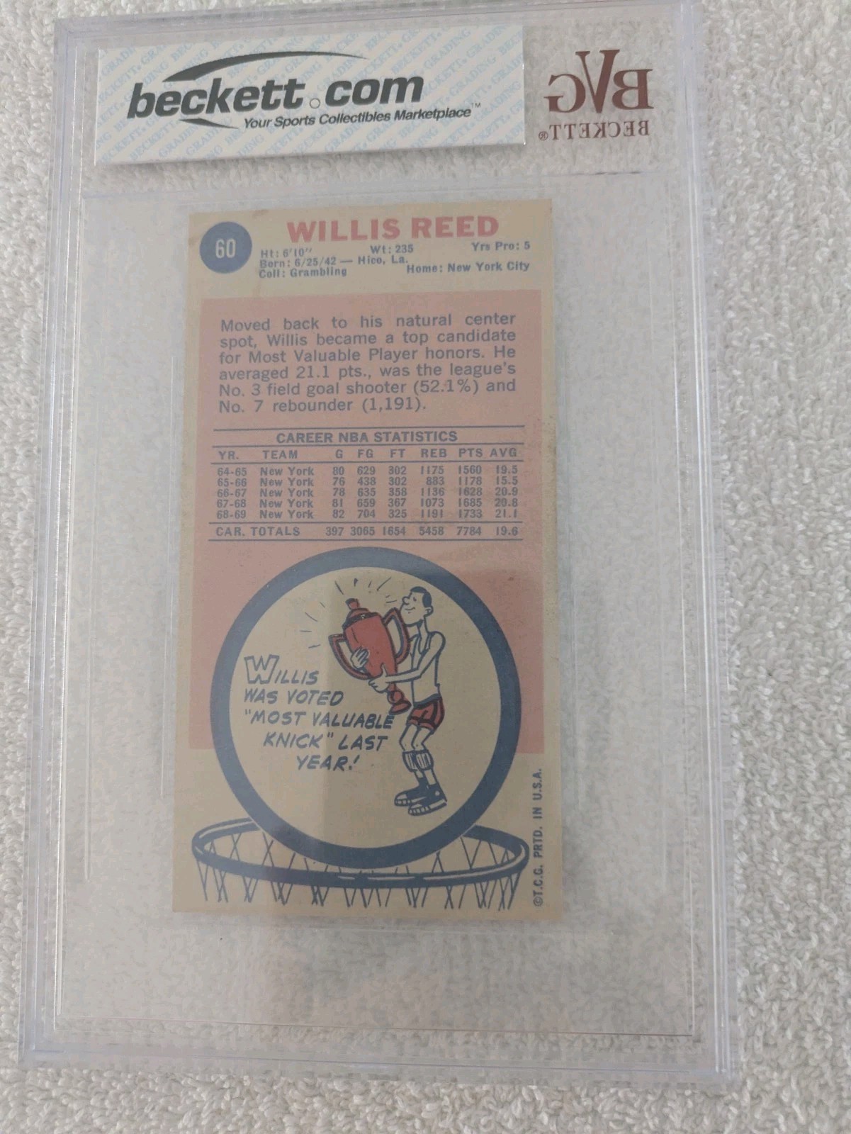 1969/70 Topps #60 Willis Reed PSA EX-MT 6 *0649 view 2