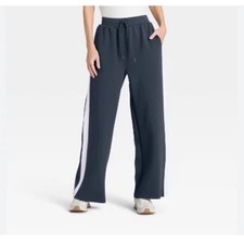Women's Airy Sleek Ribbed Wide Leg Sweatpants - All In Motion Blue Size Medium
