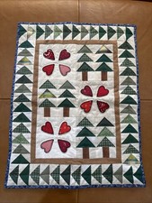 Hand Quilted Wall Hanging Pine Trees Hearts Folk Art Quilt 25x20 Cabin Decor