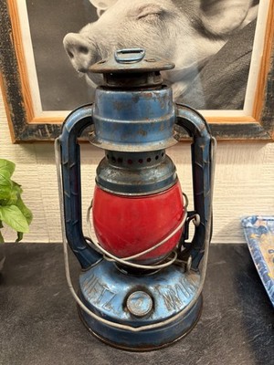 Dietz Little Wizard Blue Kerosene Lantern USA with Red Glass Globe.