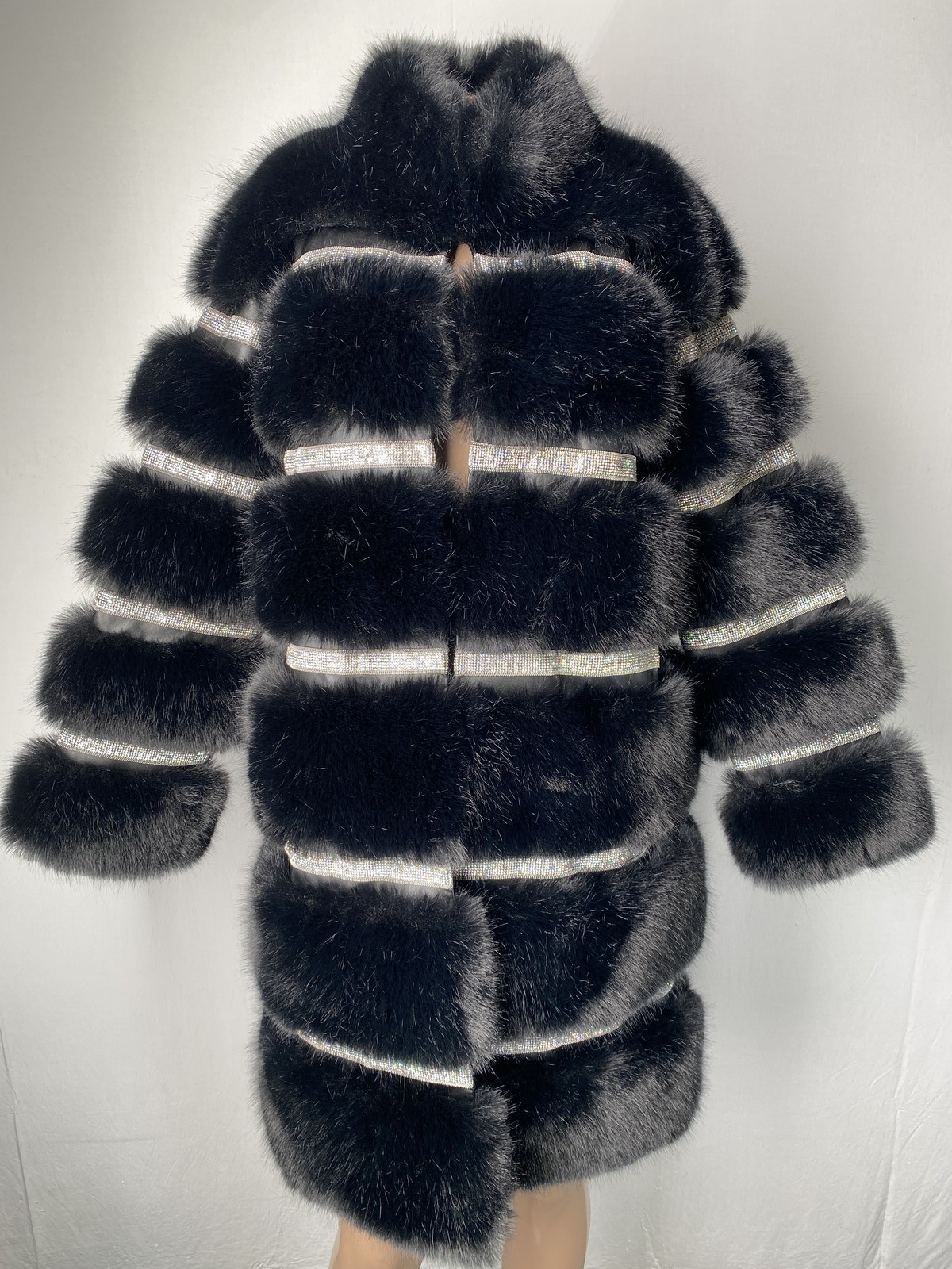 Adrienne Landau Womens Coat Jet Black Size S Luxe Diamond Fox Faux Fur Polyester