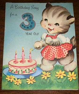 Sterling 1950 S Cat Kitten Happy 3rd Birthday Vintage Greeting