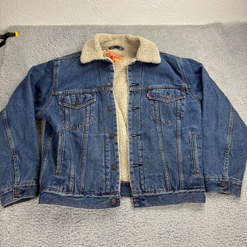 Levis Mens Blue Denim Trucker Jacket Sherpa Lined Button Up Size M
