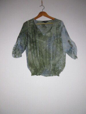 Will Smith Womens Floral Print Tie V-Neck Blouse Roll Tab Sleeve Size M Green