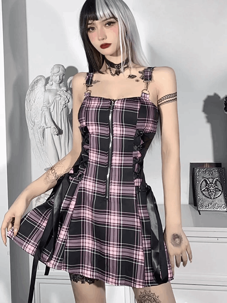 Goth Plaid Lace Up Mini Dress - Litlookz Studio