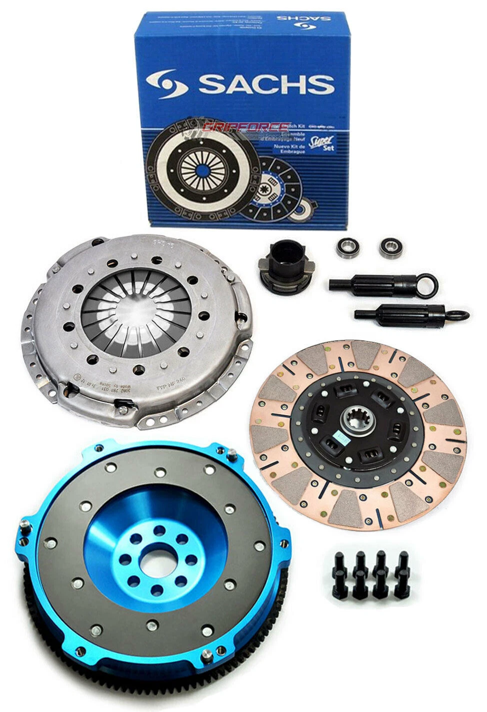 Sachs Clutch Kit K70238-01-DF-SSB &ndash; Germany Interchange Part Number: 03-011 KF649-01 03-030 K70206-01 K70238-01 195321 Type: Clutch Kit Flywheel Material: 6061 T6 BILLET ALUMINIUM Clutch Disc Style: Spring Hub Dual Friction Pressure Plate Type: Heavy Duty Push Type Diaphragm Manufacturer Part Number: K70238-01-DF-SSB; 04117FA Surface Finish: CARBON KEVLAR/COPPER CERAMIC / ALUMINUM Bundle Listing: Yes OE Spec or Performance/Custom: Performance/Custom Other Part Number: 03-043 195321 04117 04118 04119 K70238-01 DMF050 Fitment Type: Performance/Custom Transmission Type: Manual Clutch Material: Segmented Cerametallic Warranty: 1 Year &ndash; Fits 92-95 BMW 325 i is M50