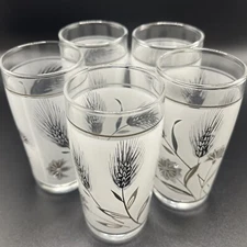 Vintage MCM Libbey Frosted 5oz Silver Floral Wheat Juice Small Glasses Lot Of 5
