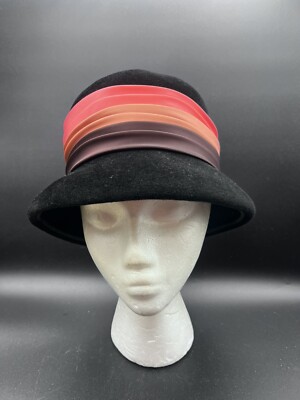 Womens Vintage 100% Wool Felt Cloche Bucket Lightweight Hat Pink Toned Silk  Band