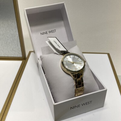 Nine West Womens Crystal Accented Gold-Tone Bracelet Watch