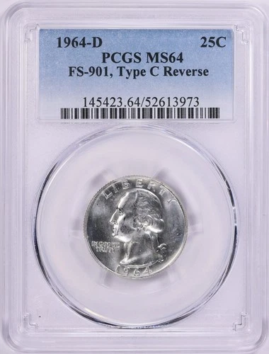 1964 Washington Quarter FS 901 PCGS MS64 Type C Reverse RARE Brilliant White